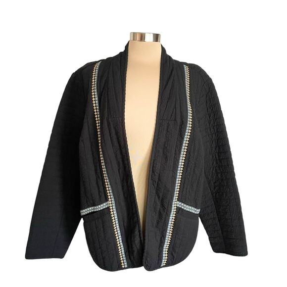 Pure Jill Seersucker Quilted Open Front Jacket Black Emroidered Trim Sz XL - Picture 2 of 10